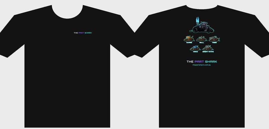 THE PART SHARK Wordmark tee, front (left) and back (right)